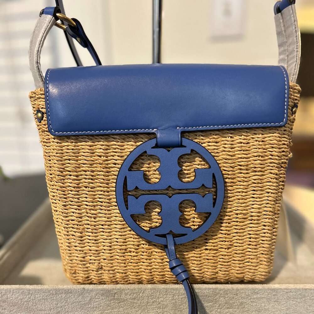 NWT TORY BURCH MILLER STRAW CROSSBODY BAG REGAL BLUE